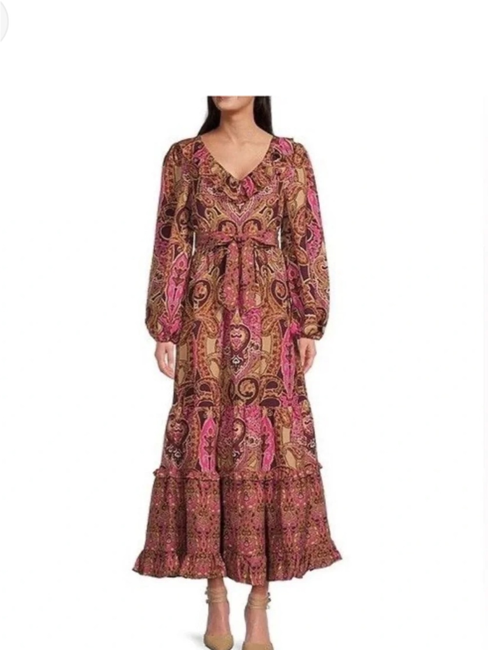 A Loves A Paisley Print Long Sleeve Maxi Dress in Pink and Brown